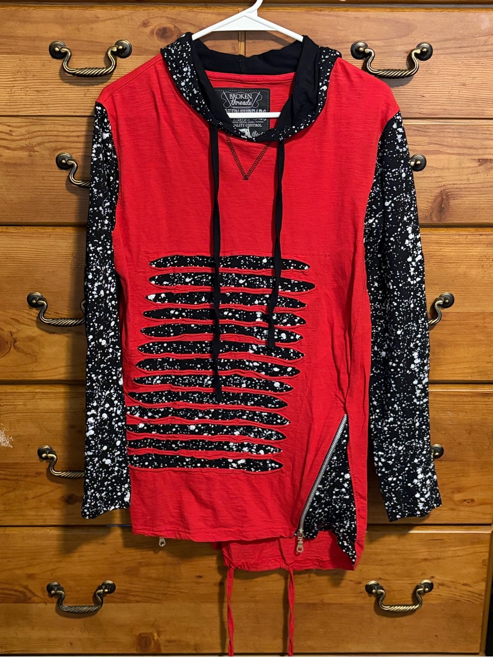 Red & Black Distressed Pullover Hoodie with Speckled Sleeves